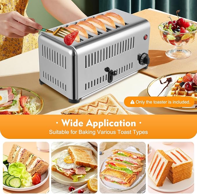 Stainless Steel 6 Slice Toaster, Electric Bread Baking Machine Commercial Toaster with Crumb Tray and Timer Bread Toasters for Home Kitchen Restaurant Bakery (2 Modes/1680W)