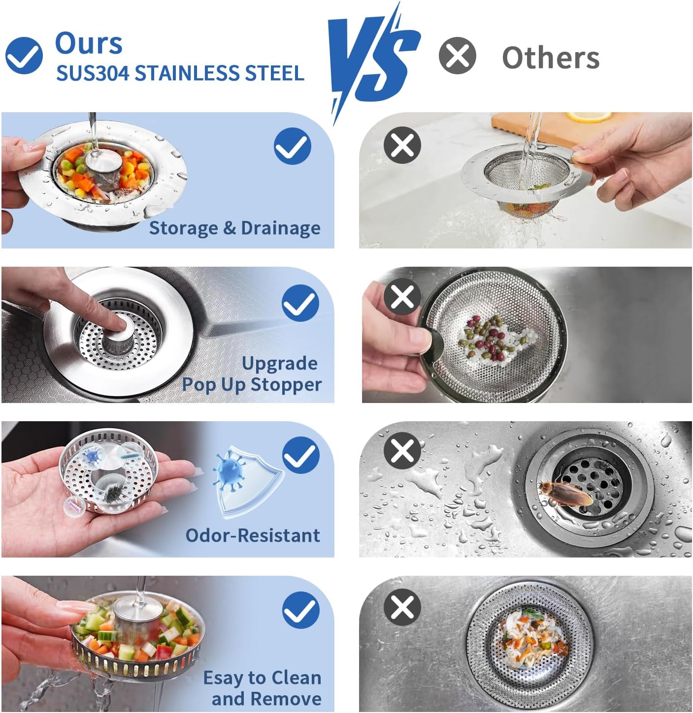 3-in-1 Kitchen Sink Drain Strainer & Sink Stopper - 304 Stainless Steel Pop Up Sink Drain Strainer, Anti-Clogging Kitchen Sink Stopper with Fast Drain Design, Fits Standard 3-1/2'' Sink Drains