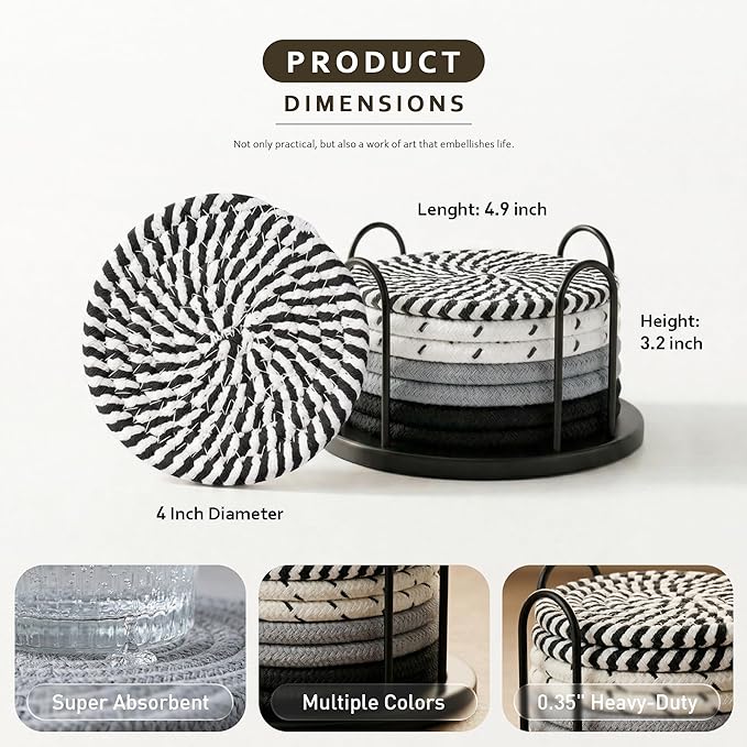 Lazebox Coasters Set of 8 for Drinks, 4 Inch Large Coasters for Coffee Table, Tabletop Protection for Hot & Cold Drinks, Versatile Coasters for Home Decor, Non-Slip & Easy to Clean