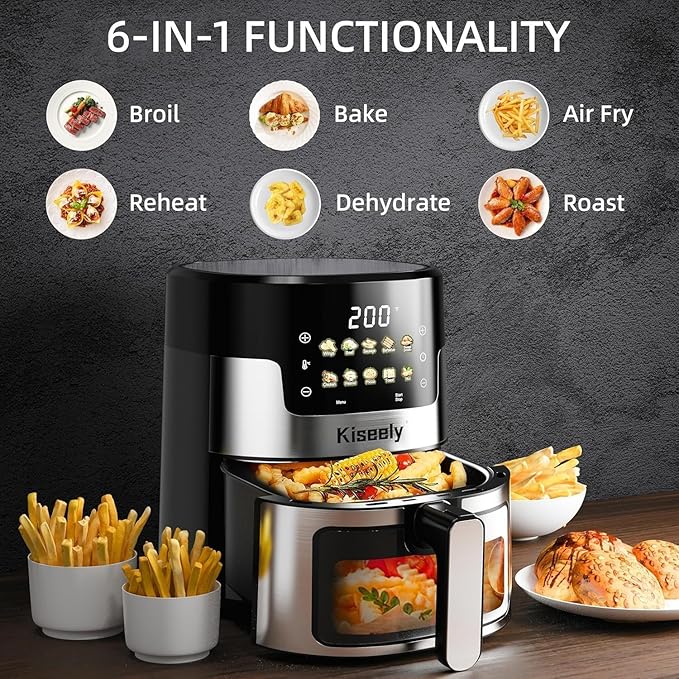 Air Fryer, 6 QT Air Fryers with Glass Touch Screen, Clear Windows, 10-in-1 Stainless Air Fryer Oven with Auto Shut-Off Time & Temperature Control for Roast, Bake, Broil, Keep Warm (BQ1)