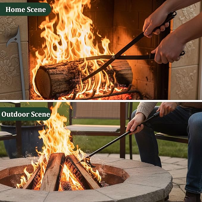 Tredre Fire Tongs and Fire Poker Set, Manganese Steel Fire Pit Tools for Outside, Heavy Duty Fireplace Tongs Log Grabber for Campfire, Wood Stove, Rust-Resistant Firewood Tong Set