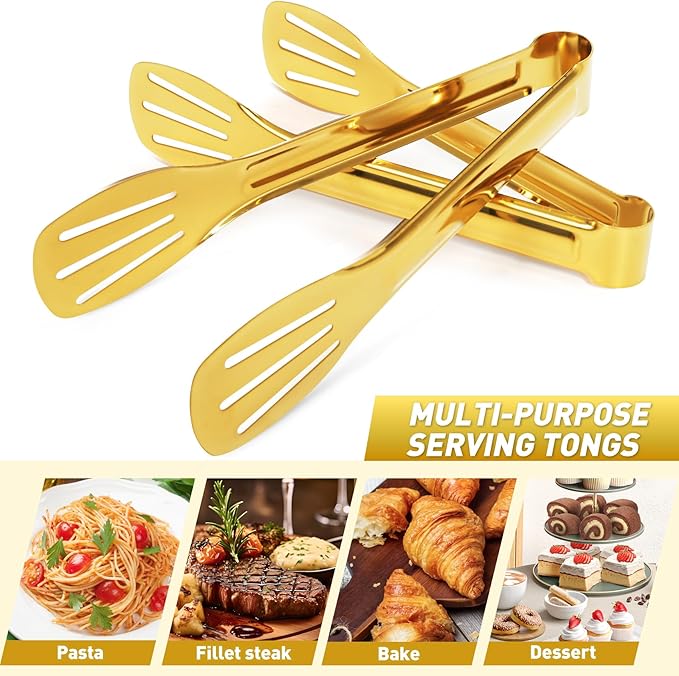 JCREN Serving Tongs 6 Pack Stainless Steel Buffet Tongs Kitchen Tongs, Small Tongs Gold Tongs Serving Utensils for Party Catering, Gold,7 Inch