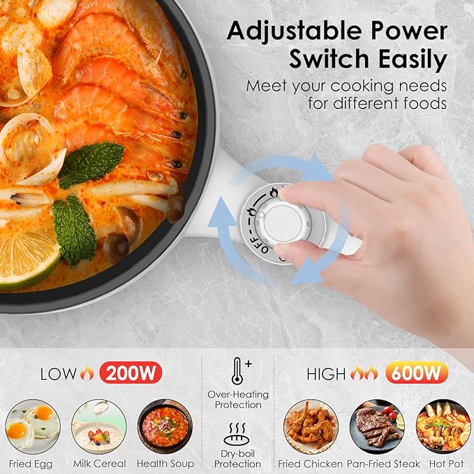 Audecook Hot Pot Electric, 1.7L Mini Electric Skillet Portable Nonstick Sauté Pan with Power Adjustment, Ramen Cooker Travel Multicooker for Steak/Soup/Egg/Oatmeal/Noodles