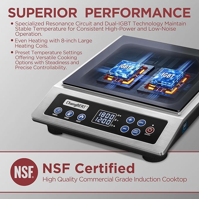 ChangBERT Induction Cooktop NSF Certified Professional Chef Edition Stove, 1800W Commercial Induction Burner with Schott Glass, Large Heating Coil Electric Hot Plate for Restaurant Hotel Food Station