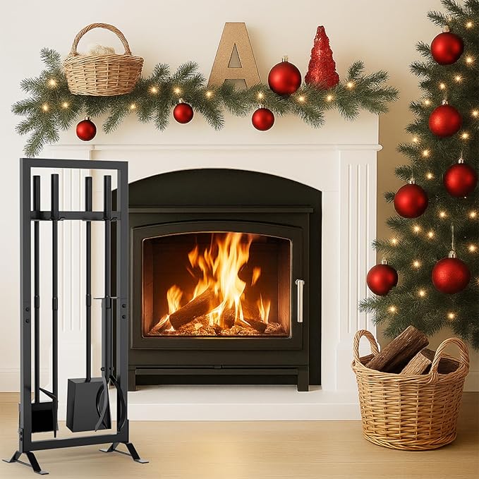 6 Pcs Fireplace Tools Set with Log Carrier, HXJLJY 34" Fireplace Accessories Sturdy Fire Tool Set Holder with Fire Poker Brush Shovel Tong Stand for Indoor Fireplace Outdoor Fire Pit Wood Stove,Square