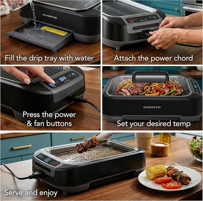 OVENTE Smokeless Indoor Grill, 1500W Electric Portable Korean BBQ Grill with One-Touch Control, LED Smart Display, Tempered Glass Lid, Two Removable Non-Stick and Dishwasher Safe Plates, Black SGR85B