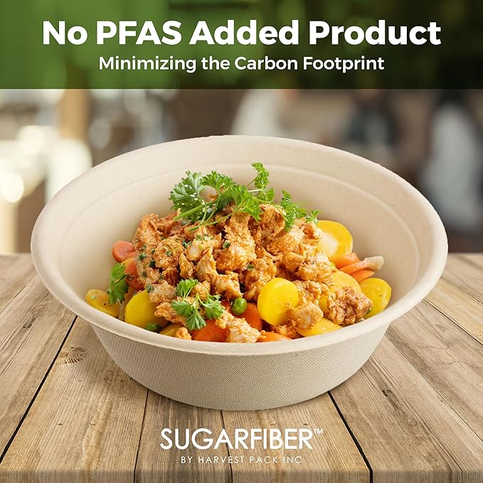 [500 COUNT] Harvest Pack PFAS FREE 48oz Round Paper Bowls - Compostable Heavy-Duty Eco-Friendly Disposable Bagasse Large Soup Bowls sugarcane made for Meal Prep Takeout Dinnerware, Microwave Safe