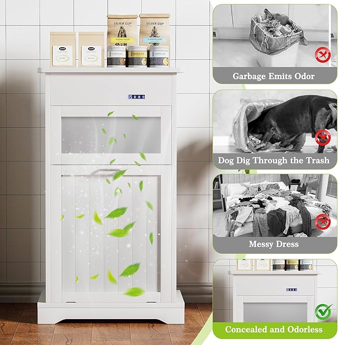 VECELO Tilt Out Trash Can Cabinet, Dog Proof Recycling Garbage Bin with Negative Ion and Deodorizing Function, Spacious Wood Top, Dual-Opening Designs, for Kitchen/Bedroom/Laundry, White