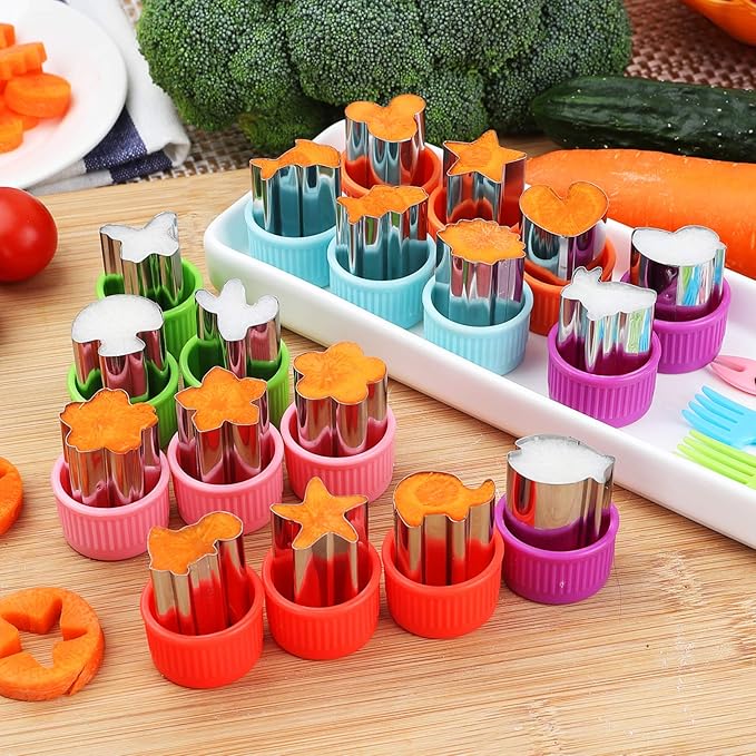 Vegetable Cutter Shapes Set, 24pcs, Mini Cookie Cutters Set Fruit Cookie Pastry Stamps Mold with 30pcs Food Picks and Forks -for Kids Baking and Food Supplement Tool Accessories
