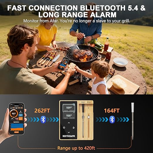 Niitawm Bamboo Dual Probe Wireless Meat Thermometer, Bluetooth Meat Thermometer Digital Wireless App, Long Range Temp Air Fryer Thermometer, Oven Thermometer, Food Grilling Accessories, Cooking Gifts