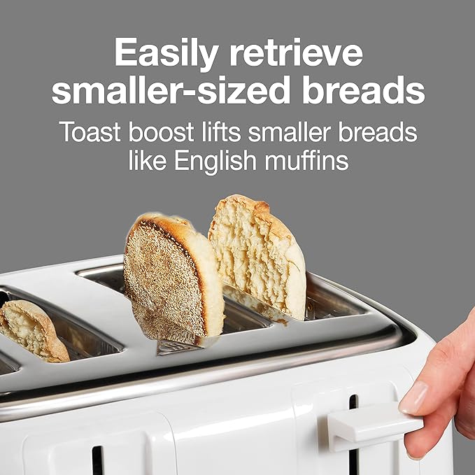Proctor Silex 4 Slice Toaster with Extra Wide Slots for Bagels, Cool-Touch Walls, Shade Selector with 7 Browning Levels, Toast Boost, Auto Shut-off and Cancel Button, White (24214PS)