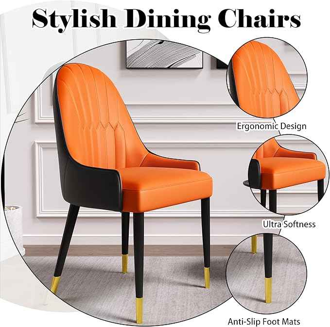 AF ARTISAN FURNITURE Orange Dining Chairs Set of 2 with High Backs Mid Century Modern Kitchen Dining Room Chairs PU Faux Leather Upholstered Large Padded Accent Chair with Legs