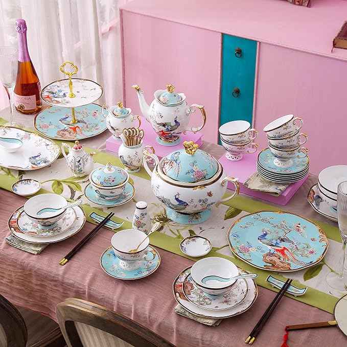 ACMLIFE Bone China Dinnerware Set, Vintage Floral Fine China Dinnerware Sets, Porcelain Dinnerware Sets for 4, Light Blue 12 Piece Fine China Set Lightweight Dinnerware Set for Gifts (Blue)