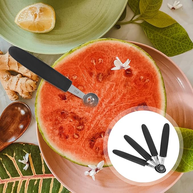 OUNONA 4pcs Stainless Steel Melon Baller Ice Cream Scoop Melon Ball Scoop Watermelon Spoon for Gelato Cantaloupe Ice Cream Watermelon Fruit