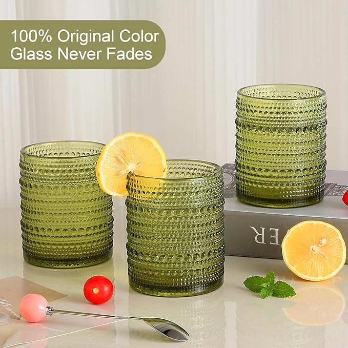 ZMOWIPDL Vintage Glassware Drinking Glasses Set of 6,12 oz Hobnail Glass Cups,Embossed Green Water Tumbler,for Beer,Cocktail,Whiskey,Juice and Various Mixed Drinks- 1 Cleaning Brush