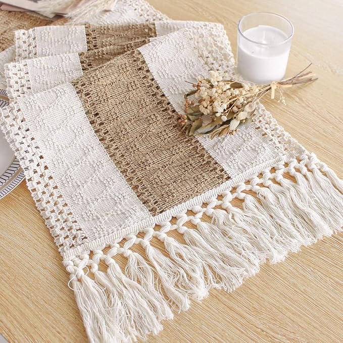 FEXIA Boho Table Runner 108 Inches Long for Christmas ThanksgivingHome Decor Farmhouse Table Runner Cream & Brown Rustic Macrame for Bohemian Dining Bedroom Decor Bridal Shower (12x108 Inches)