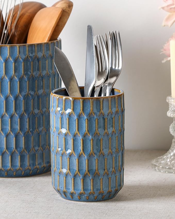 Utensil Holder, 7.5"+5.3" Ceramic Kitchen Utensil Holder for Countertop, Large Cooking Utensil Crock for Kitchen Counter, Set of 2, Blue