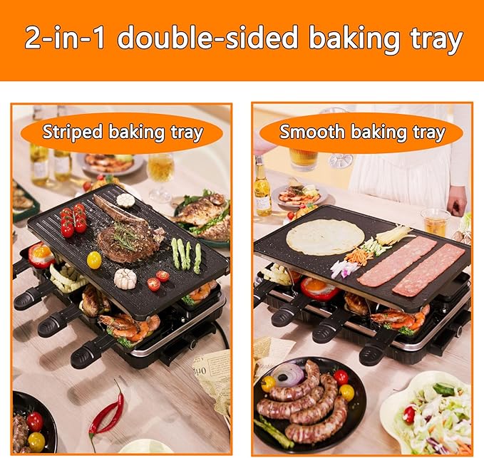 Indoor Grill Table Smokeless Portable Griddle Raclette Grill Nonstick with 8 Cheese Maker Pans Temperature Control & Dishwasher Safe 1300W Ideal for Parties and Family Fun