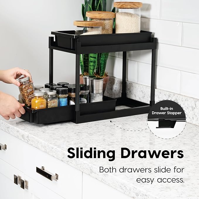 IRIS USA Under Sink Organizer, 2 Pack, Pull Out Under Cabinet Organizers and Storage, Kitchen Shelf Pantry Bathroom Under Counter, Cleaning Supplies, Vertical Spice Rack Slide Out Drawer, Easy Install