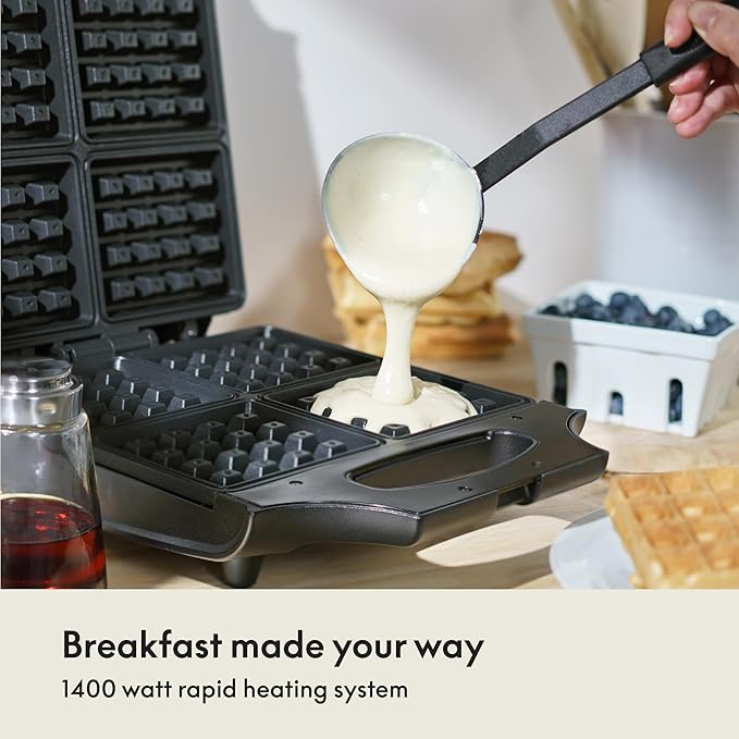 bella Waffle Iron - 4 Square Belgian Waffle Maker, Non-stick Extra Large Plates for Easy Cleanup - Compact Design, Stainless Steel, Black, 1400W