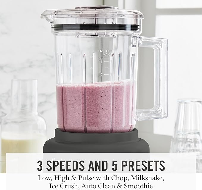 Martha Stewart 50oz Countertop Blender, Smoothie, Margarita & Ice Crushing Blender, BPA-Free Pitcher, 3 Speeds, 5 Presets, Auto-Clean Function, Dishwasher Safe, Stainless Steel Blades, Caviar Gray