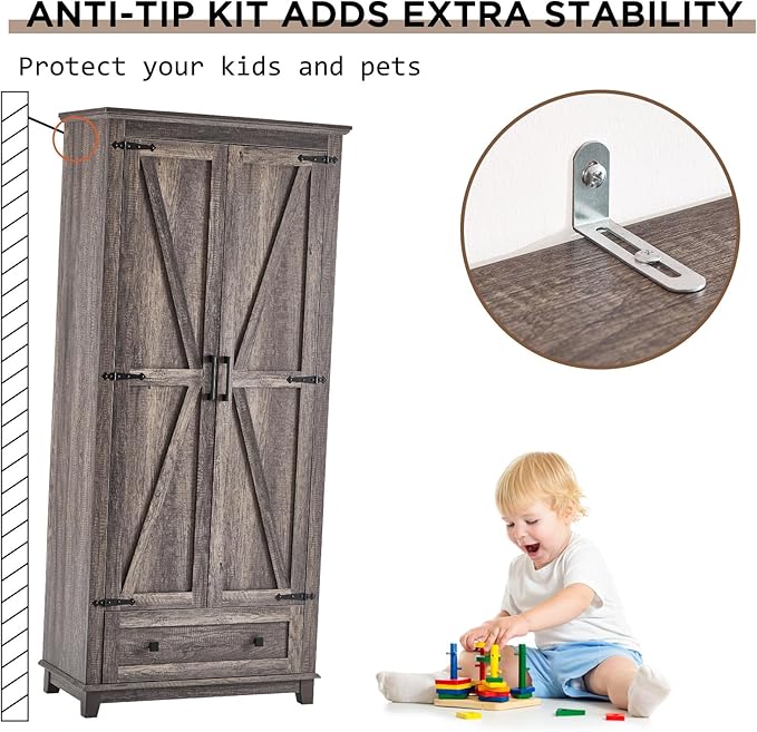Farmhouse Kitchen Pantry Cabinet, 72" Tall Storage Cabinet with Adjustable Shelves & Barn Doors, Freestanding Kitchen Cupboard for Dining Room, Living Room, Gray