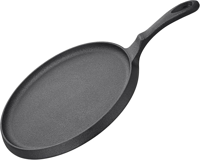 Navaris Cast Iron Griddle - 10"(25cm) Pre-Seasoned Crepe Pan with Ergonomic Handle, Comal for Tortillas - Pancakes, Tawa Roti - Oven, Stovetop, Grill, Induction & Campfire Skillet