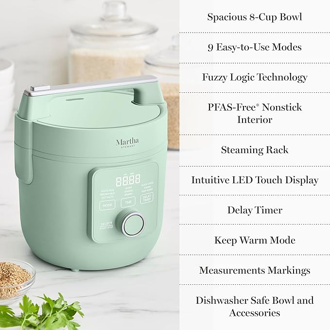 Martha Stewart Rice Cooker, 4 Cup (Uncooked) / 8 Cup (Cooked), Ceramic Non-Stick Removable Pot, Keep Warm, Measure Markings, Steam Basket, Brown & Sushi Rice, Quick Cook, Quinoa, Grains, Oats, Honeydew Green