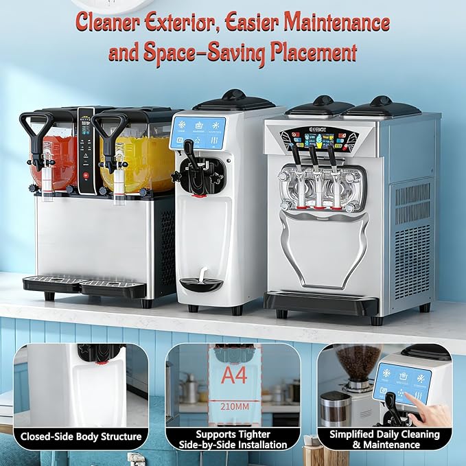 Soft Serve Ice Cream Machine, 4 to 4.5 Gal/H Ice Cream Maker 7 Inch Screen Soft Serve Machine with Pre-Cooling & Fresh-Keeping, 6L Stainless Hopper, Enclosed Body for Home Party Café Store