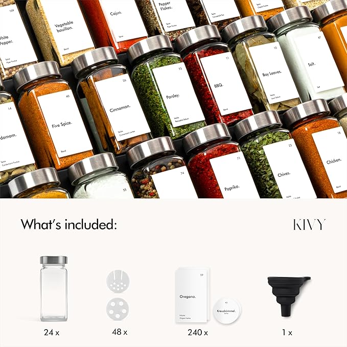 KIVY Glass Spice jars with Label & Shaker Lids [24x 4oz] Airtight Seasoning Containers for Cabinet & Drawer - Empty Spice Bottles - Seasoning jars with labels - Spice jars with stainless steel lids