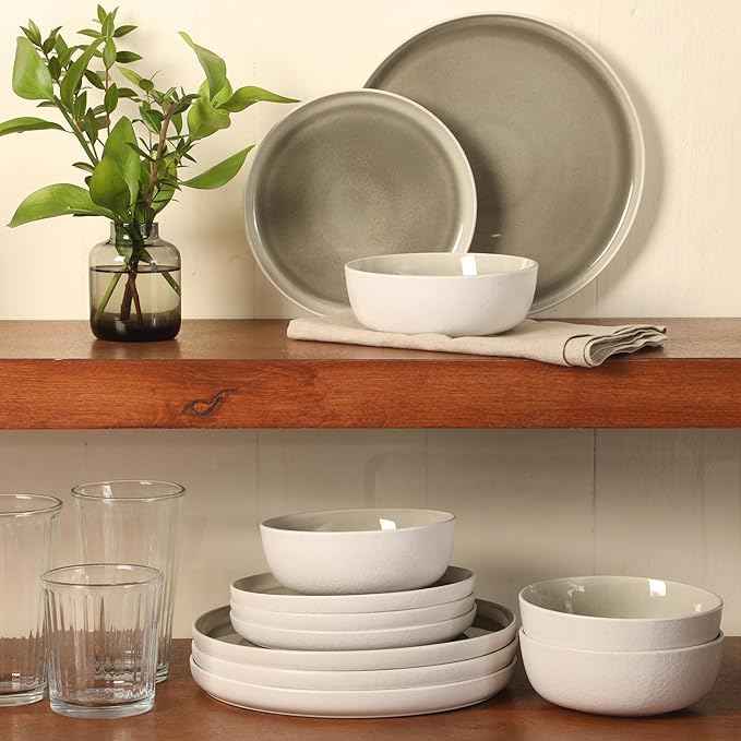 Gibson Elite Tahoe Sunset 12-Piece Reactive Stoneware Dinnerware Set – Matte Exterior & Shiny Interior Plates and Bowls, Durable Everyday Dish Set, Microwave & Dishwasher Safe - Grey