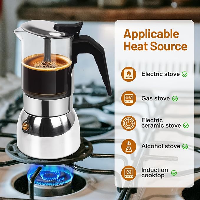 9 Cup Glass Clear Moka Pot Thickened 304 Stainless Steel Stovetop Espresso Maker Italian Coffee Machine 450ml 15oz Classic Mocha Cafe Greca Coffee Suitable for Gas Induction