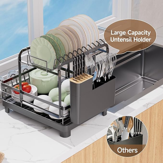 Runnatal 2-Tier Dish Drying Rack, Large Dish Rack with Drainboard Set, Detachable 4-in-1 Large Capacity Dish Drainer Over The Sink Anti-Rust for Kitchen Counter, Black