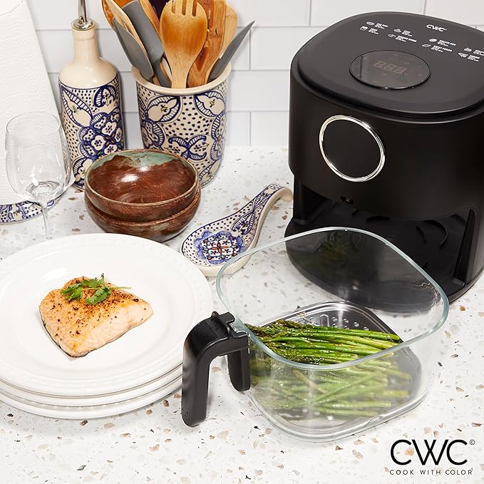 COOK WITH COLOR Colorful 1200W 4Qt Air Fryer: Glass Basket, Dishwasher Safe, 60min Timer, 6 Presets, Temp Control 175F-400F, 4 QT, Black