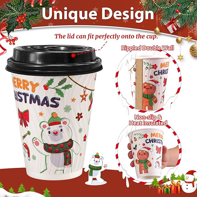Christmas 100 Pack Coffee Cups with Lids 12oz, Disposable Insulated Ripple Wall To Go Paper Coffee Cups for Hot/Cold Drinks Office Home Shop Event