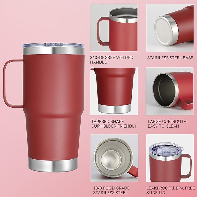 20 oz Stainless Steel Tumbler with Handle Bulk Metal Insulated Tumblers Travel Coffee Mug with Handle Double Wall Tumbler Cup with Lid and Straw, Wine Red 6 Pack