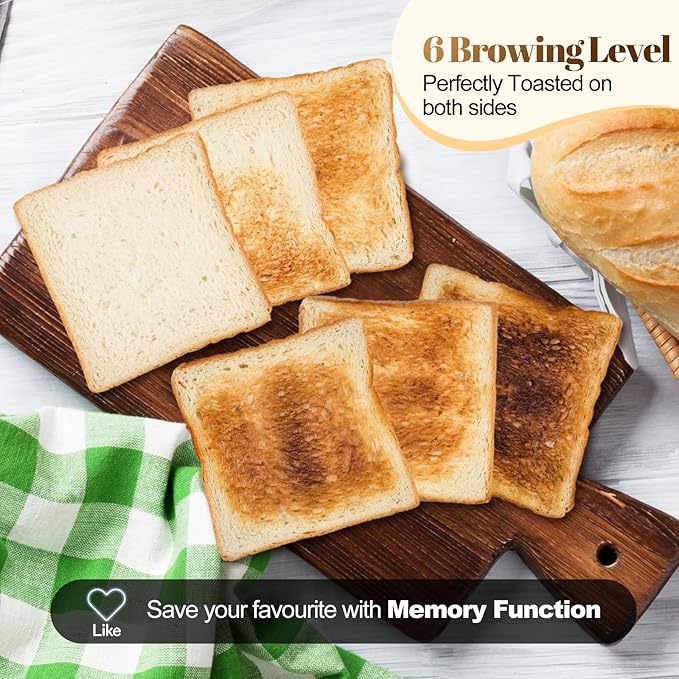 Tesslux 4 Slice Toaster with Touch Screen Control, 1.5" Wide Long Slots, 6 Browning Levels & 6 Bread Types, Digital Timer, Memory, Defrost, Reheat (WHITE)