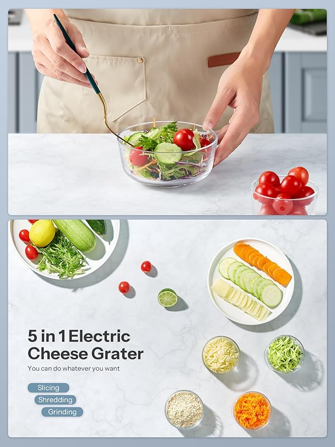 Electric Cheese Grater, Reemix 5 Multi Blade Cheese Shredder Salad Maker, One Touch Easy Control, Multi Salad Maker for Vegetables, Cheeses and Nuts, White