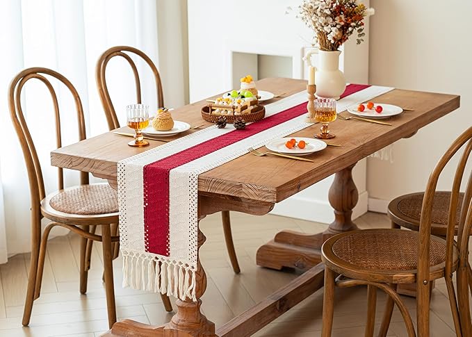 FEXIA Christmas Table Runner for Home Decor with Tassels 72 Inches Long Farmhouse Red Rustic Boho Table Runner Macrame Burlap Table Decoration for Living Room Bridal Shower(12x72 Inches)