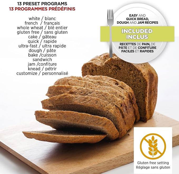 Starfrit Electric Bread Maker - 2lb Loafs - Non-Stick Removable Pan - Automatic Nut Dispenser - 13 Preset Programs - 550W