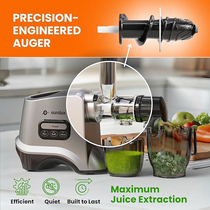Eurolux Slow Masticating Juicer – Cold Press Machine for High-Yield Juice Extraction – Quiet & Powerful Juicer for Fruits and Vegetables – Easy to Clean, BPA-Free & Nutrient-Rich – Compact Design