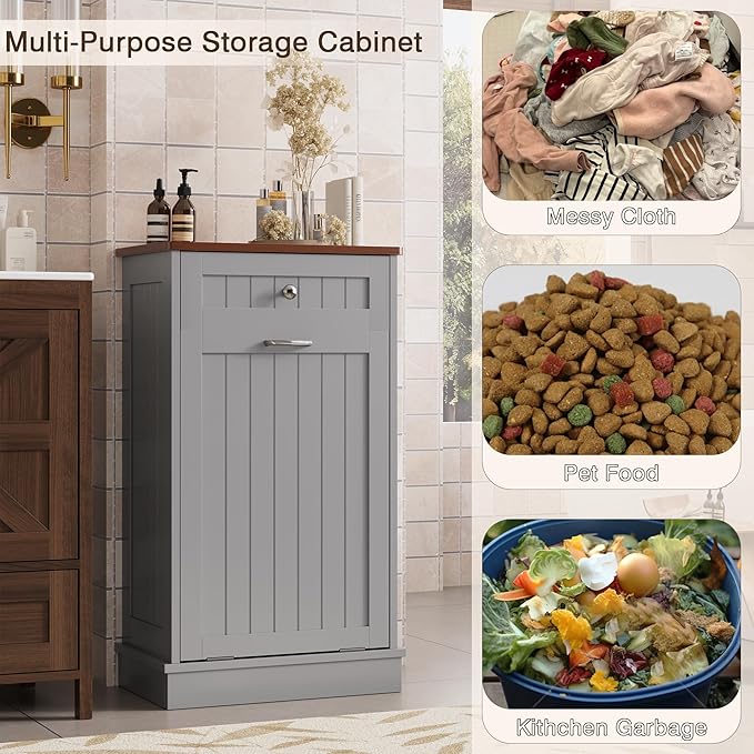 KIGOTY Tilt Out Trash Cabinet,Wooden Kitchen Trash Bin Holder Garbage Bin Recycling Cabinet Laundry Hamper with Solid Wood Countertop and Hideaway Drawer (Gray)