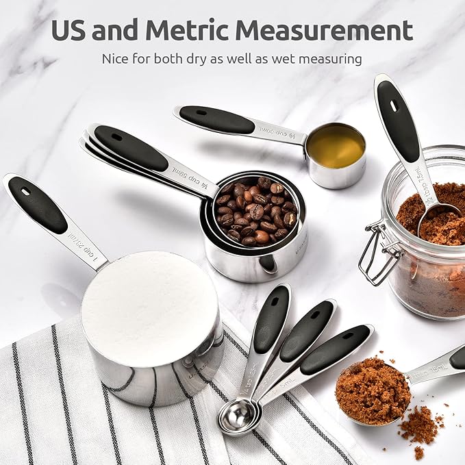 Measuring Cups and Spoons Set: U-Taste 18/8 Stainless Steel 12 Pieces Metal Stacking Kitchen Baking Cooking Food Measure Set 7 Cups 5 Spoons with Strengthened Weld Joints (Black, Upgraded Version)