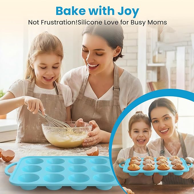 2Pack Silicone Muffin Pan for Baking with Metal Reinforced Frame, 12 Cup Regular Size Cupcake Pan, BPA Free Silicone Muffin Tray, Cupcake Baking Pan Molds for Oven Dishwasher Safe - Blue
