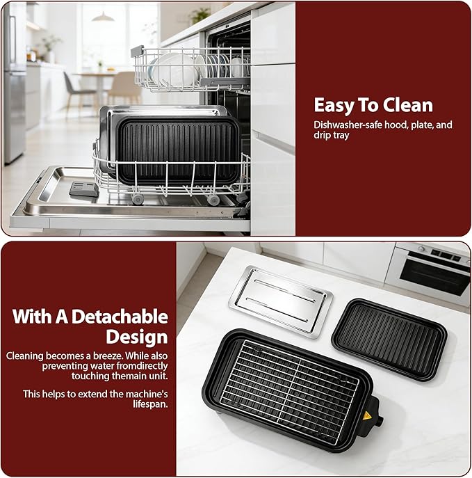 Pukomc Electric Indoor Grill,2 in 1 Indoor Grills for Kitchen with Grill Net & Non-Stick Cooking Removable Plate, Temperature Control, Dishwasher Safe, 1700W RED