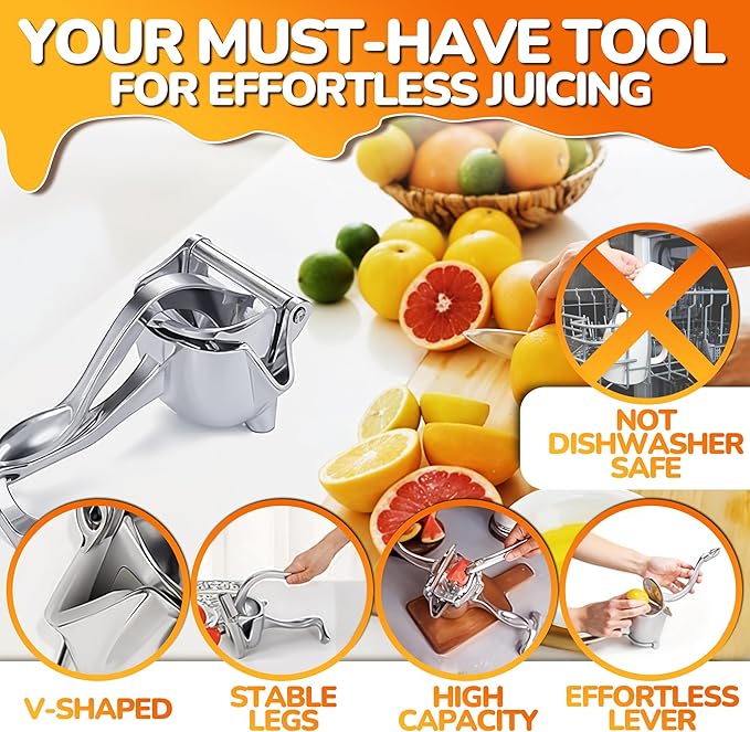 Aluminum Alloy Fresh Fruit Juice Extractor - Hand Juicer Squeezer, Non-Slip Ergonomic Grip, Easy to Use & Clean, 8.7" Length with 0.6L Capacity - Efficient Extraction of Citrus, and Other Fruits