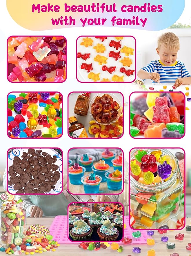117Pcs Silicone Gummy Bear Molds Kit with 100 Wrappers, 5 Recipe Cards, 4 Droppers & 2 Brushes,Non-Stick Candy Mold for DIY Chocolate, Gummy Bears, Party Favors (Dinosaur, Bear, Fruits, Donut Shapes)