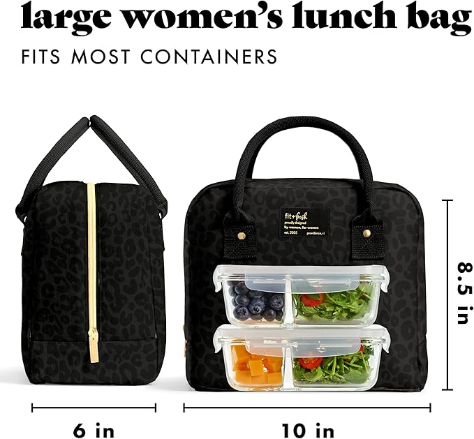 Fit & Fresh Bloomington Lunch Bag for Women - Insulated Large Lunch Box for Work with Containers, Leak-Resistant, Stain-Resistant, Zipper Closure, Black Feline Fine