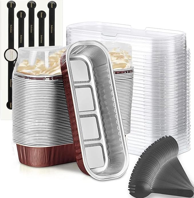 Findful Mini Loaf Baking Pans with Lids and Spoons (50 Pack, 6.8oz) Rectangle Aluminum Foil Baking Pans Tins Containers - Cupcake Containers Wrappers Cheesecake Creme Brulee Ramekins