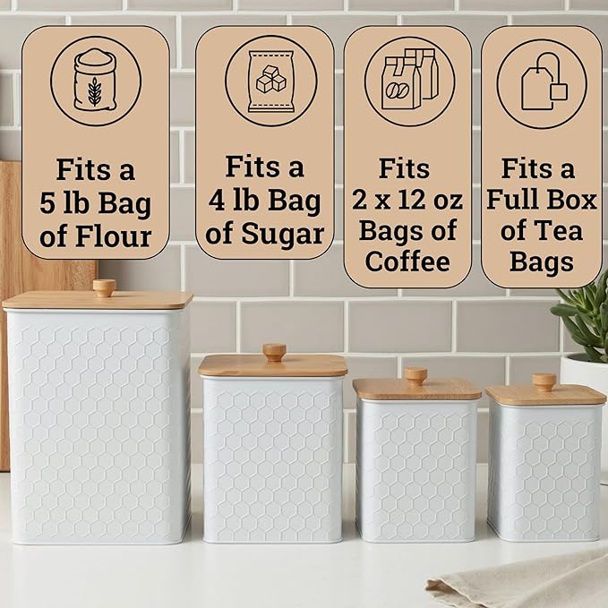 Kitchen Canisters for Countertop Set of 4 - Textured Iron Kitchen Canisters with Airtight Lids - Flour Sugar Canister Set - Flour and Sugar Containers Farmhouse - Coffee Jar for Counter - White Jar x4